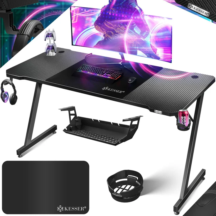 KESSER® Gaming Tisch LED, Z-Form Gamer Schreibtisch, Kopfhörerhaken & Kohlebeschichtung, Ergonomischer PC Computertisch, mit Mauspad & Getränkehalter, Schwarz Carbon, 160 x 60 cm