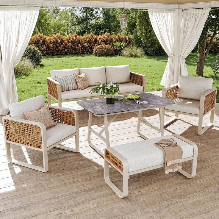 Merax Gartenlounge-Set für 6-7 Personen, PE-Rattan Sitzgruppe inkl. Beistelltisch, Gartensofa mit waschbaren Kissen, Beige – Bild 1