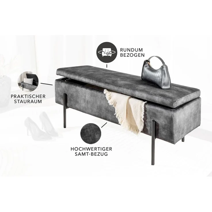riess-ambiente Sitzbank LOFT 100cm grau (Einzelartikel, 1-St), Wohnzimmer · Samt · Metall · mit Stauraum · Flur · Schlafzimmer – Bild 6