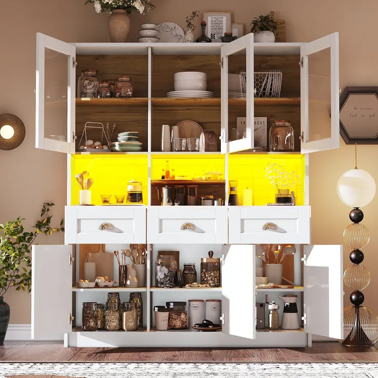 Küchenschrank, Hochschrank Küchenbuffet, Vitrinenschrank, Buffetschrank mit verstellbaren Ablagen, Sideboard mit LED-Beleuchtung, Variable Lichtfarben, Holz, Weiß/Schwarz, 140 x 40 x 175 cm