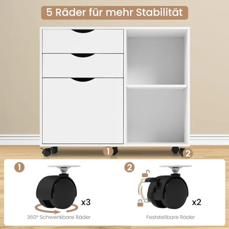 Woltu Rollcontainer, Aktenschrank mit 3 Schubladen, 5 Rollen, Büroschrank – Bild 7
