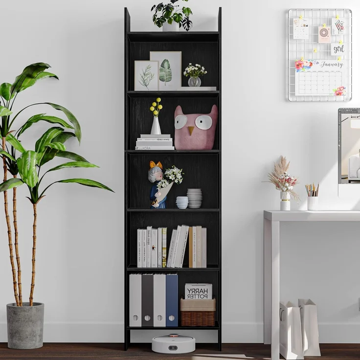 Bücherregal, Regal, Standregal, Büroregal, mit 6 Fächern, offen, für Wohnzimmer, Arbeitszimmer, Büro, als Raumteiler, 24 x 48 x 170 cm, Schwarz – Bild 1