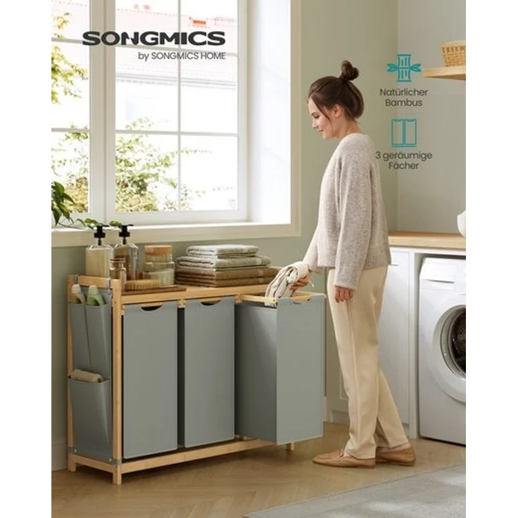 SONGMICS Wäschekorb, 3 Fächer, Bambus, 150 L, mit Ablage, kleine seitliche Taschen, 3 x 50 L, taubengrau, 94 x 33 x 78 cm – Bild 2