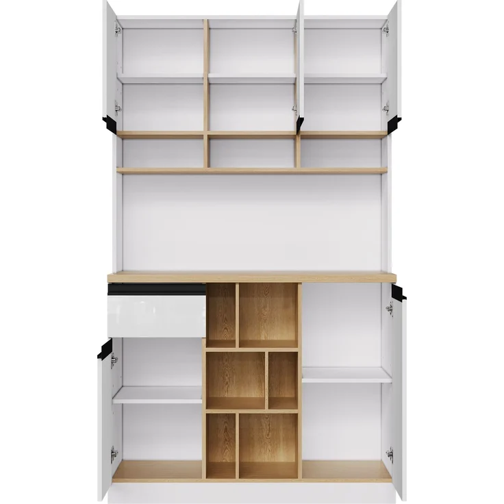 105×45×185 cm,weißer moderner Küchenschrank,Buffet,Sideboard,Hochglanztüren,Metallgriffe,verstellbare Regale,Schubladen,offener Stauraum,Kippschutz,geeignet für Küche,Esszimmer und Wohnzimmer – Bild 10