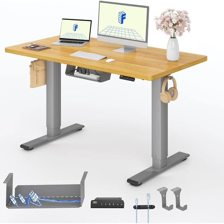 FLEXISPOT Höhenverstellbarer Schreibtisch mit 2 Motoren & 25MM einteiliger Tischplatte,ergonomischer Bürotisch - 120x60 cm Ahorn, graues Gestell – Bild 1