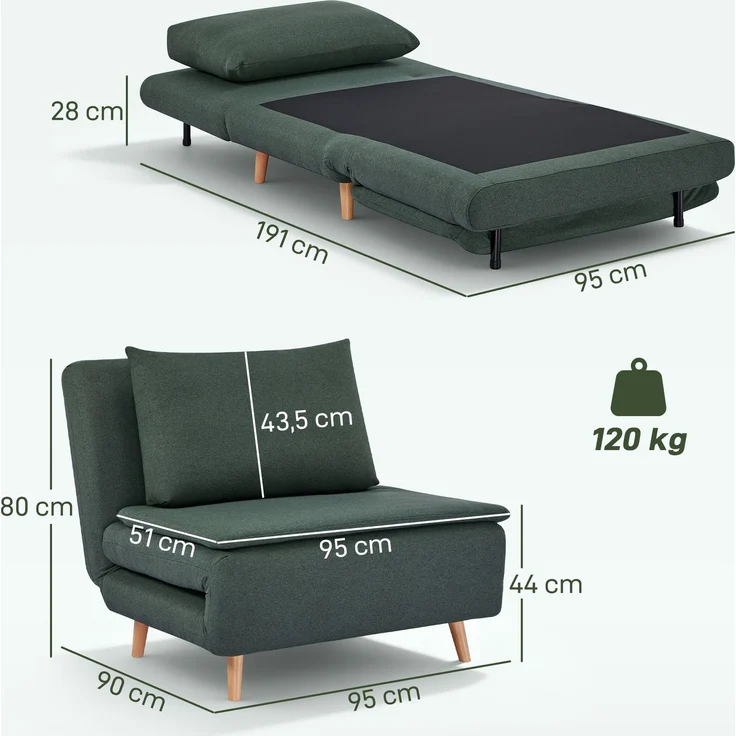 MELAYR, 3-in-1 Schlafsessel mit Bett-Funktion, Liegesessel, verstellbare Rückenlehne, 95 x 90 x 80 cm, Dunkelgrün – Bild 5