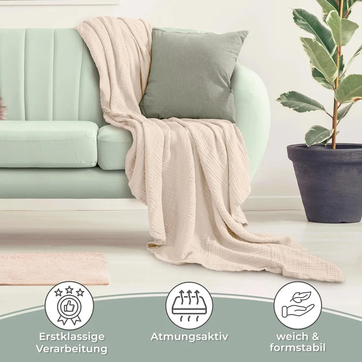 LAYNENBURG Premium Musselin Tagesdecke 220x240 cm XXL - 100% Baumwolle - extraweiche Baumwolldecke als Kuscheldecke, Bett-Überwurf, Sofa-Überwurf, Couch-Überwurf - warme Sofa-Decke (Beige) – Bild 5