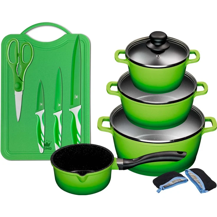 KING Topf-Set ALUGUSS, Aluminiumguss (Set, 14-tlg, je 1 Kochtopf 16/20/24 cm, 1 Stieltopf 16 cm, Schneidebrett mit Messer), Glasdeckel, Induktion,Keramikantihaftbeschichtung – Bild 1