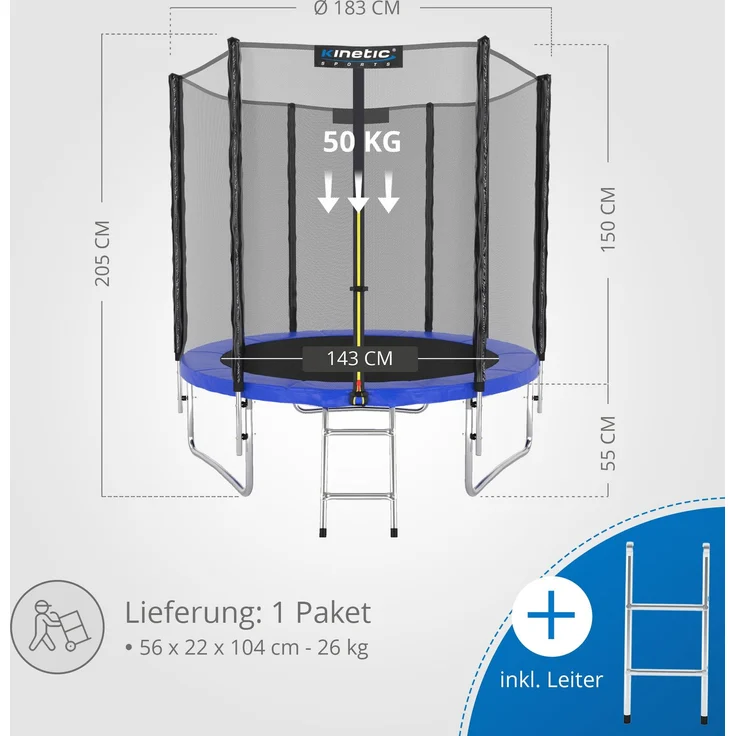 KINETIC SPORTS Trampolin Outdoor SALTO - Kindertrampolin Gartentrampolin Set mit Leiter, Netz, Randpolster, USA Sprungtuch, Ø 183 cm – Bild 7