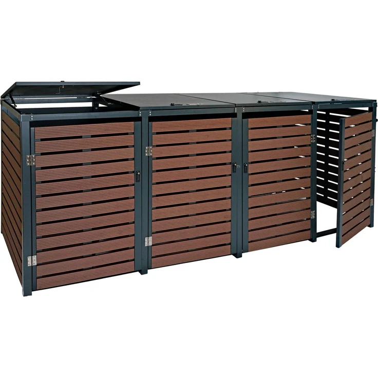 4er Mülltonnenverkleidung HWC-K14, Mülltonnenbox Mülltonnenabdeckung, 119x264x84cm WPC Metall 130kg ~ Walnuss-Holzoptik – Bild 9