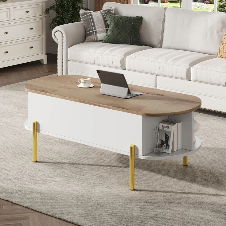 Lift-Couchtisch 120 x 50 x 43 cm, anhebbarer Wohnzimmertisch mit verstecktem Stauraum, 3 Ablagefächer, halboffene Regale – Bild 4