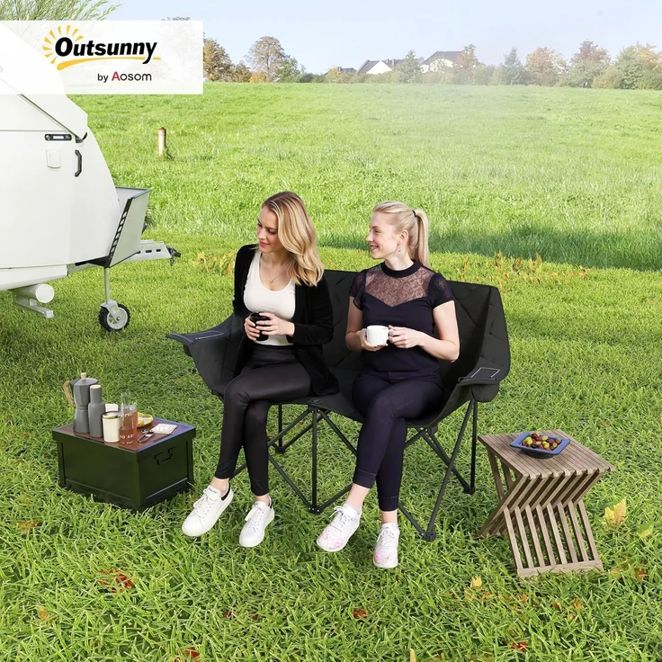 Outsunny Campingstuhl mit Kühltaschen, Tragetasche (2 Sitzer Faltstuhl, 1 St), bis 250kg belastbar, für Garten Camping Strand – Bild 2