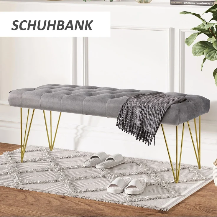CHICFURN Bettbank 116x49x44,5 cm mit Samtbezug und Eisenrahmen – Grau – Bild 3