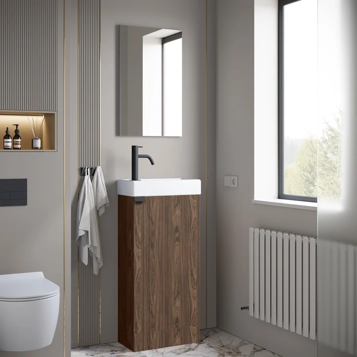 Badplaats Gäste-WC Waschtisch Set Orion 40 x 22 cm Walnuss Braun - Badmöbel Set mit Waschbecken und Stehende Unterschrank, mit Soft-Close – Bild 5