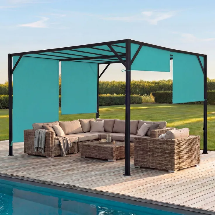 Pergola Baia, Garten Pavillon Terrassenüberdachung, stabiles 6cm-Stahl-Gestell + Schiebedach türkis-blau ~ 4x4m