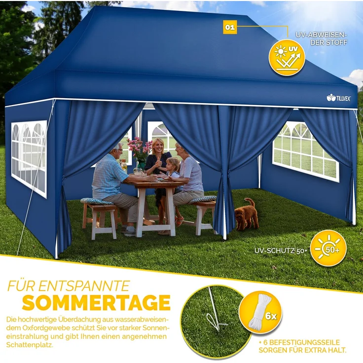tillvex Pavillon 3x6m - mit 6 Seitenwänden Blau wasserdicht | Pop-Up Faltpavillon höhenverstellbar | Gartenzelt UV Schutz 50+ | Partyzelt mit Tasche für Garten – Bild 8