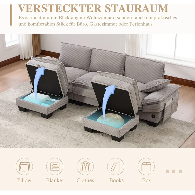 DESVIAE Sofa 3-Sitzer mit 2 Hockern, USB-C-Anschluss, Cord 260x84x132 cm Hellgrau – Bild 5