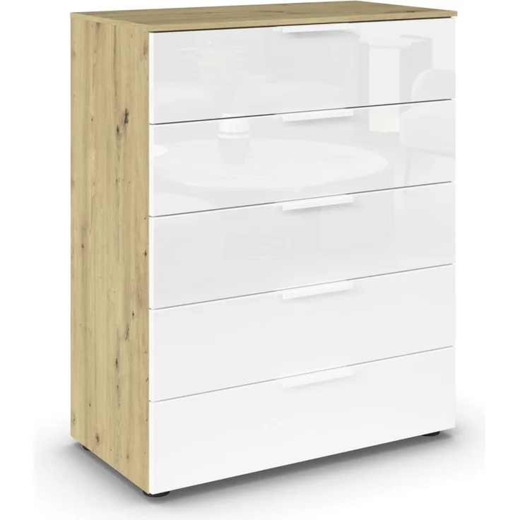 Rauch Möbel Flipp, Kommode für Schlafzimmer, Kinderzimmer, Wohnzimmer, Jugendzimmer, Flur, Garderobe, 5 Schubladen, mit Softclose Funktion, Farbe Eiche Artisan, Holz/Glas Weiß, Breite 80 cm
