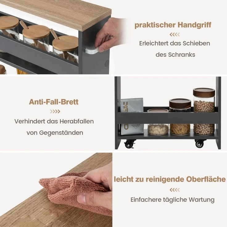 4 Ebenen Nischenregal auf Rollen aus Holz mit Griff Küchenwagen 47,5 x 20 x 80,5 cm Grau + Natur – Bild 5