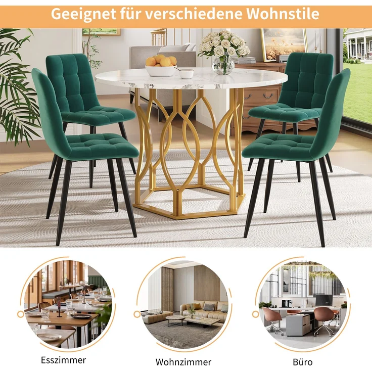5-teiliges Esszimmer-Set mit rundem Esstisch Ø100 cm & 4 Samtstühlen – Design Essgruppe mit Marmormuster Tischplatte & Metallgestell – Bild 6