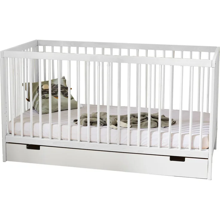 Kids Collective Kinderbett Babybett Gitterbett 60x120 und 70x140 cm höhenverstellbar, mit Schublade und Matratze weiß 70x140 cm von Geburt bis 6. Lebensjahr