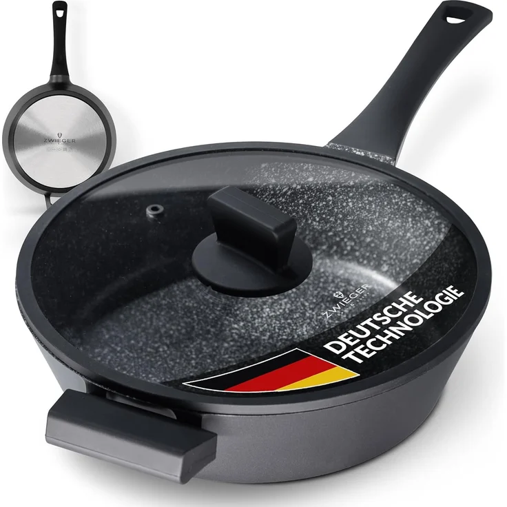ZWIEGER Große Pfanne mit Deckel 28cm – Schmorpfanne 28 cm hoher Rand, Aluguss, vollflächiger Edelstahlboden, für alle Herdarten (inklusive Induktion) geeignet – Antihaft, PFOA- & PFOS-frei – Bild 1