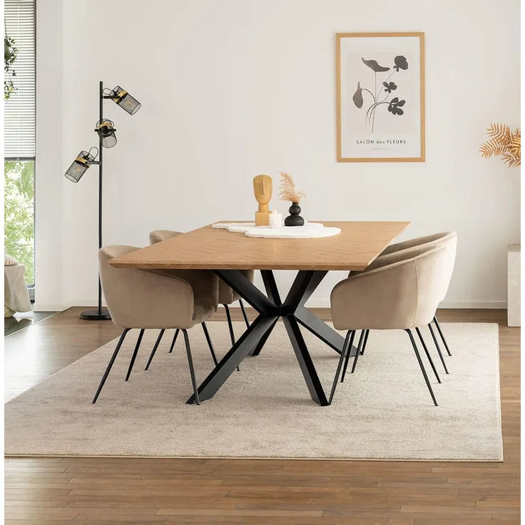 HOME DELUXE Essgruppe Eckig AVENCIA inkl. Sternfuß - 200 x 120 cm Fishbone Oak 4 Stühle Beige