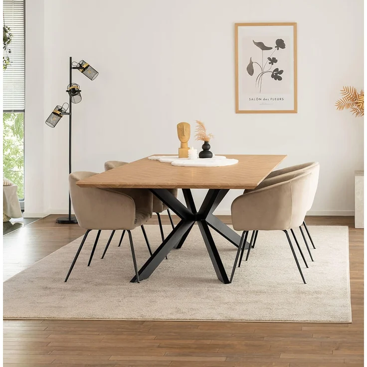 HOME DELUXE Essgruppe Eckig AVENCIA inkl. Sternfuß - 200 x 120 cm Fishbone Oak 4 Stühle Beige – Bild 1