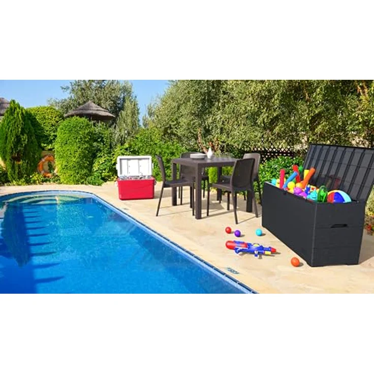 Duramax Cedargrain Durabox 270 Liter/ 71 Gallonen Kissenbox aus Kunststoff, Auflagenboxen aus Kunststoff mit Griffen, Organizer für Gartenmöbel, abschließbarer Deckel, Patio-Box, Dunkelgrau – Bild 8