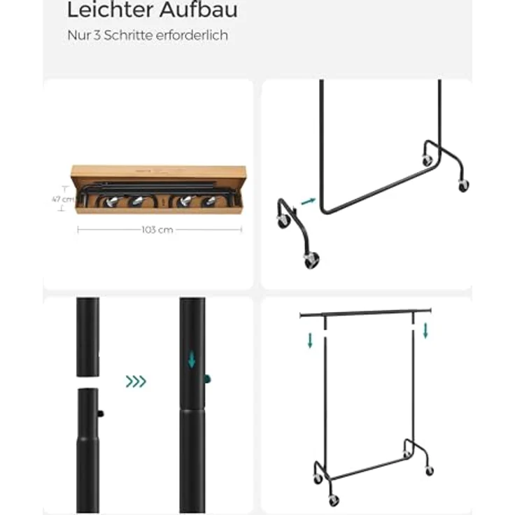 SONGMICS Kleiderständer auf Rollen, Garderobenständer, hochbelastbar, ausziehbare Kleiderstange, bis 130 kg belastbar, 45 x (110-150) x 162,9 cm, aus Metall, verchromt, Mattschwarz HSR011B01 – Bild 8