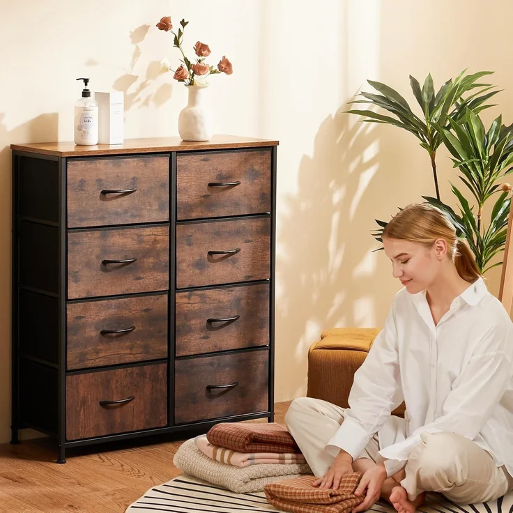 Sweetcrispy Kommode,Sideboard Wohnzimmer für Schlafzimmer mit 8 Stoffschubladen,Einstellbare Füße Schubladenschrank,Komodenschrank für Schlafzimmer,Modernes Braun – Bild 2