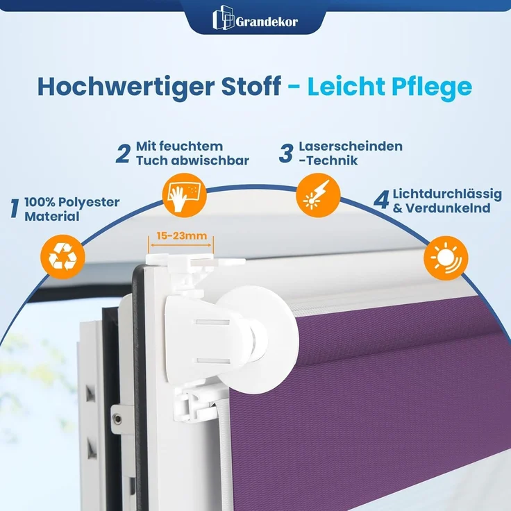 Grandekor Doppelrollo Klemmfix ohne Bohren Weiß-Anthrazit-Lia 65x150 cm(Stoffbreite 61cm) Fenster Rollos für innen Klemmrollos Duo Rollos für Fenster ohne Bohren mit Bohren Privatschutz Zebrarollo – Bild 4