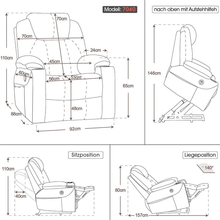 M MCombo elektrisch Aufstehhilfe Fernsehsessel Relaxsessel 7040 Massage Heizung elektrisch verstellbar USB-Anschluss (Chenille, Grau) – Bild 3