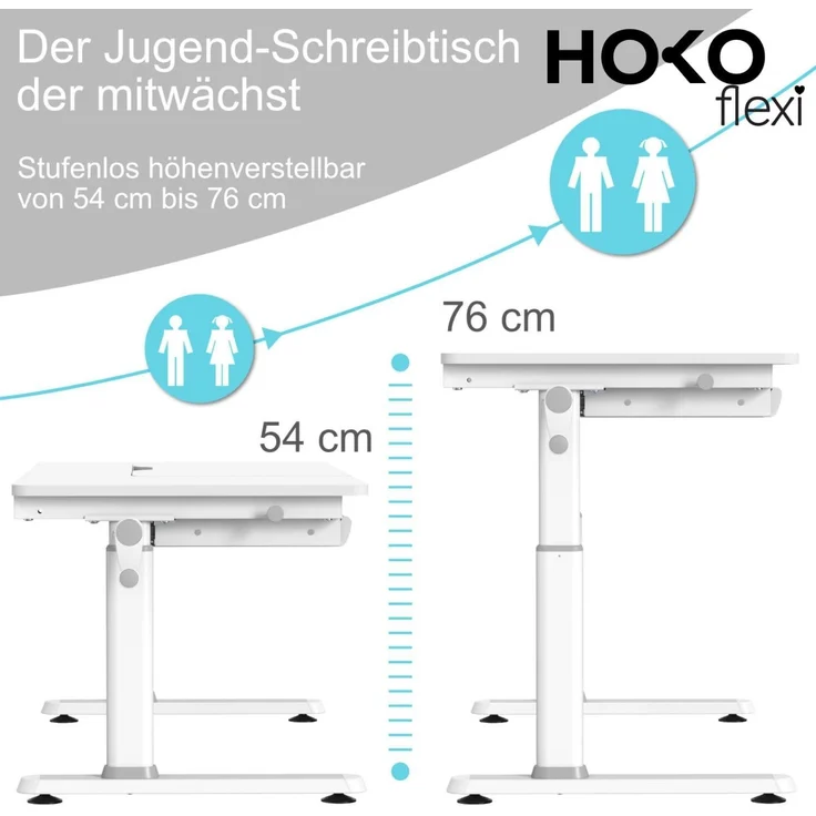 HOKO Kinderschreibtisch höhenverstellbar 54-76 cm, ergonomischer Schreibtisch (für Kinder & Jugendliche, 120x60 cm, neigbare Tischplatte mit Schubladen, stabil & belastbar bis 100 kg, Weiß, Holzfarben) – Bild 3