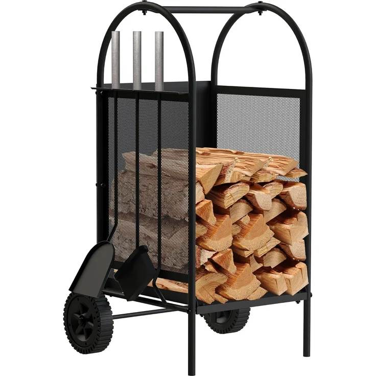 DanDiBo Kaminholzregal Innen Metall Schwarz Kaminholzständer 80 cm mit Kaminbesteck und Rädern 96358 Kaminholzwagen – Bild 4