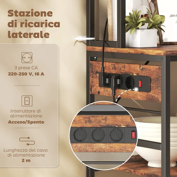JARDJ Küchenregal mit Ladestation, 5 Ablagen und 10 S-Haken, aus Holz und Stahl, 80 x 40 x 170 cm, Braun – Bild 6