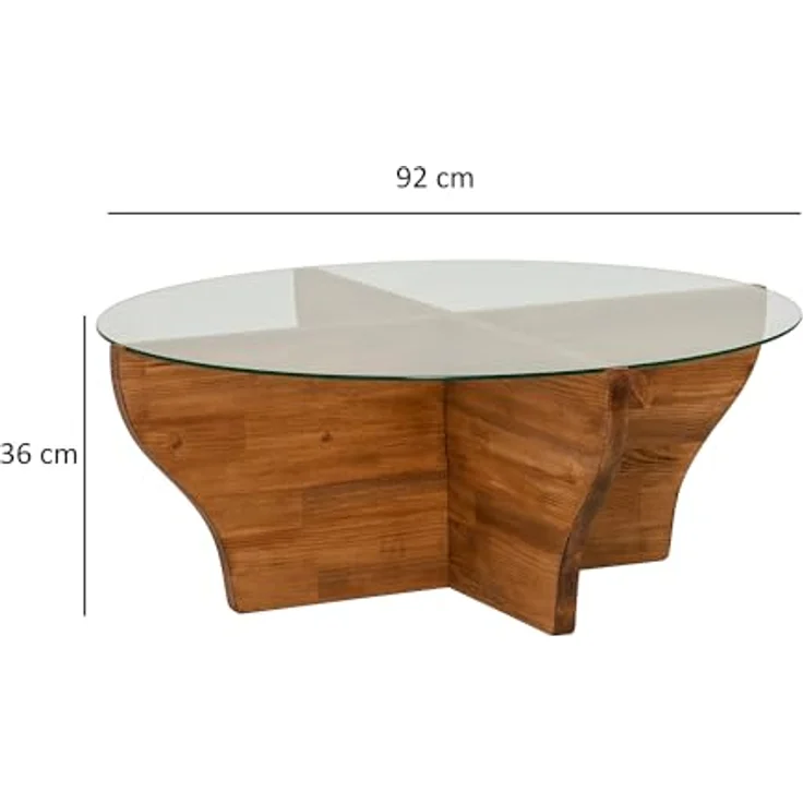 Modern Coffee Table, Chestnut Color, 92 x 36 x 92 cm | 100% Tempered Glass Top, 100% Pine Solid Wood Frame | Stylish & Functional for Living Spaces – Bild 4