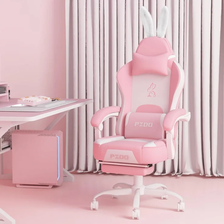 Gaming Stuhl Rosa Mädchen Teenager Bürostuhl PC Stuhl Fußstütze Pink – Bild 1