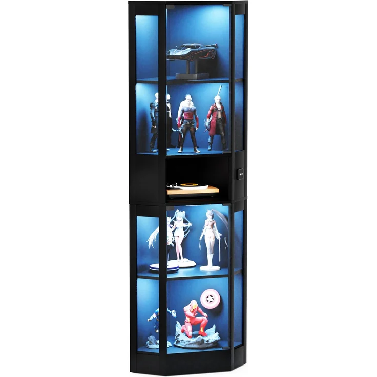 Fünfstöckige Glasvitrine mit Stauraum, LED-Beleuchtung, Glastüren und intelligenten Sensoren, Geeignet für Wohnzimmer, Schlafzimmer und Büros. Schwarz.--Schwarz--57x40x165cm--YOUDENOVA – Bild 8