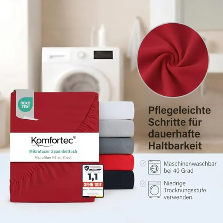 Komfortec Mikrofaser Spannbettlaken 180x200 cm – Weiches Spannbetttuch mit Rundumgummi – Fitted Sheet für Matratzen bis 30 cm – Rot – Oeko-Tex – Pflegeleicht & Hautfreundlich – 90g/m² – Bild 8