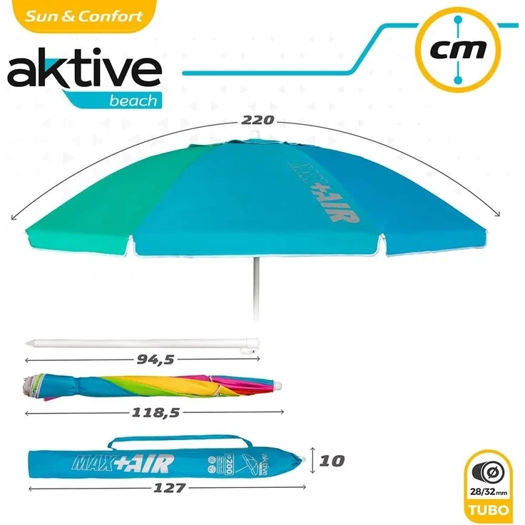 AKTIVE Strandschirm 220 cm, großer Sonnenschirm, belüftetes Dach, 28-32 mm Mast, UV 50 Schutz, mehrfarbiges Design, inkl. Aufbewahrungstasche (62222) – Bild 8