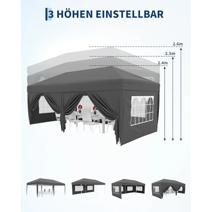 Faltpavillon 3x6 m wasserdicht stabil mit 6 Seitenwänden – Pop up Pavillon faltbar aus 420D Oxford, UV-Schutz 50+, 3-Fach höhenverstellbar, Partyzelt mit Tragetasche für Garten & Outdoor Grau – Bild 5