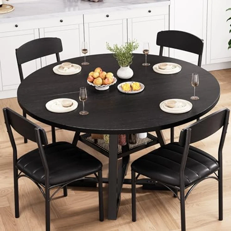 Jocoevol Runder Esstisch und 4 Esszimmerstühle Set, Essgruppe 5-Teilig, Esszimmertisch mit Ablage und 4 stühle, platzsparender Küchentisch aus Holz im Industrial Design (Schwarz, 107 x 107 x 76 cm) – Bild 1