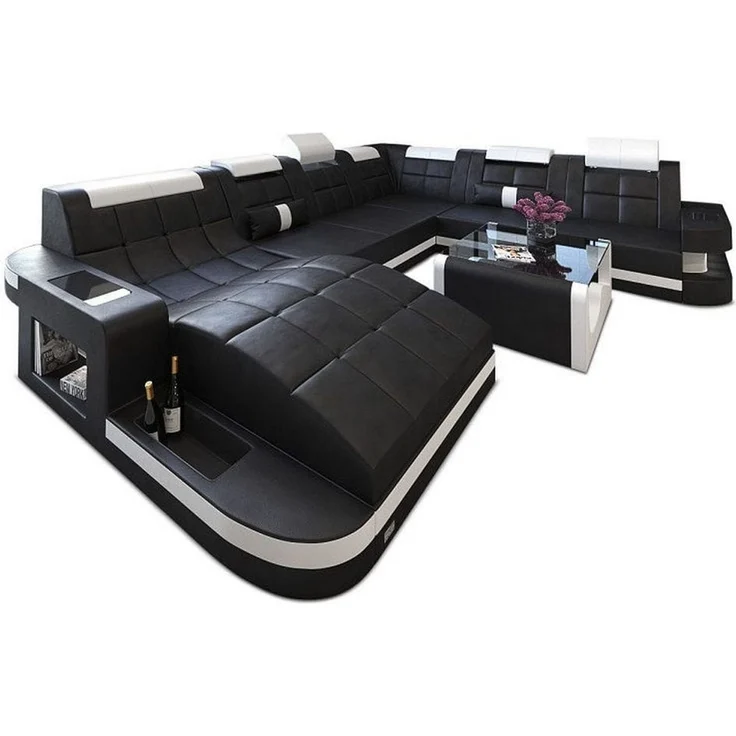 Sofa Dreams - Design Wohnlandschaft Wave XL mit LED - Büffelleder - schwarz-rot - Rechts – Bild 8