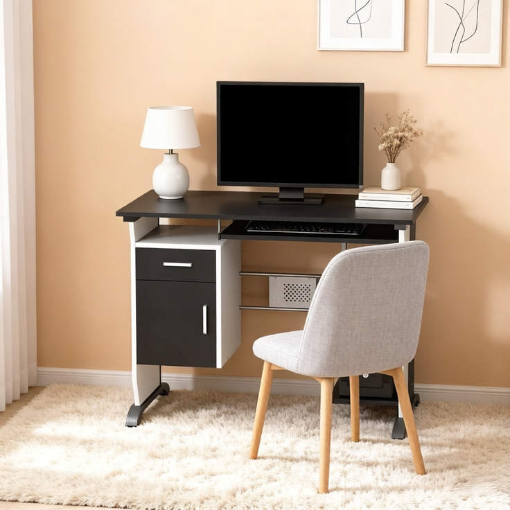 Computerschreibtisch mit Stauraum und Ausziehablage, 100x52x75 cm, Schwarz/Weiß/Silber – Bild 3
