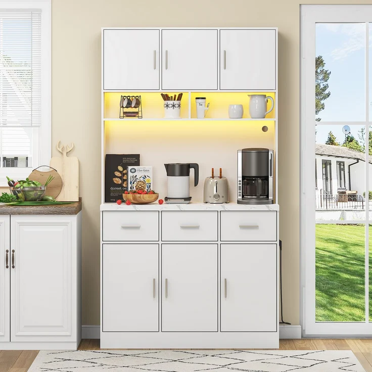 100x40x180cm, multifunktionales Buffet mit LED-Beleuchtung mit APP-Steuerung, Schubladen, verstellbaren Einlegeböden, Kabelführungslöchern und Steckdosen, ideal für Küchen und Esszimmer – Bild 3