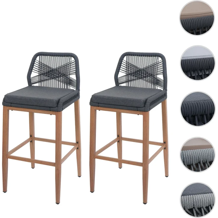 2er-Set Rope-Barhocker HWC-O21, Outdoor Sitzpolster Seilgeflecht Metall Holz-Optik ~ anthrazit, Kissen dunkelgrau – Bild 10