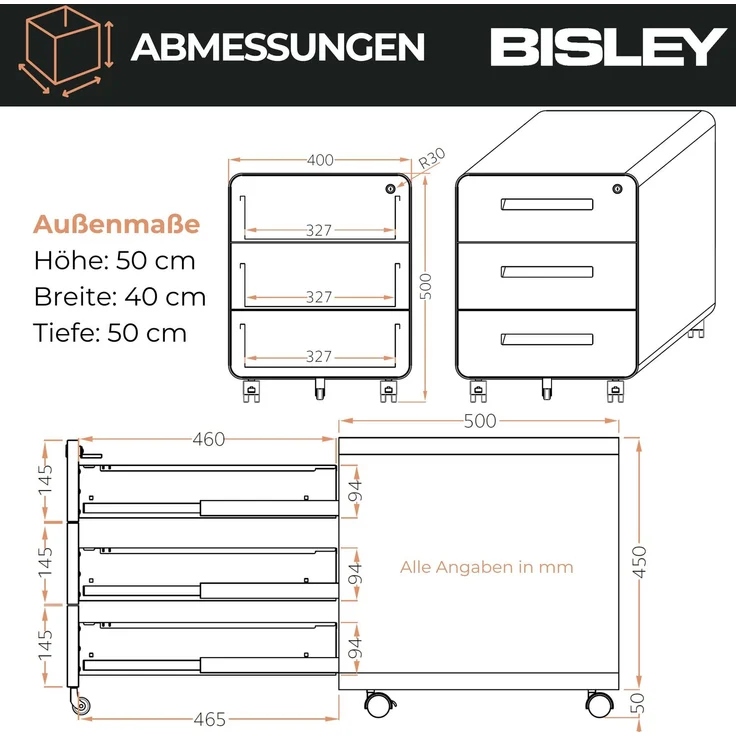 Bisley EasyRoll Rollcontainer mit 3 Schubladen, Container abschließbar aus Metall in weiß - Rollwagen für's Büro als Schreibtisch Unterschrank, Bürocontainer od. Schreibtischcontainer, ROLL3-696 – Bild 6