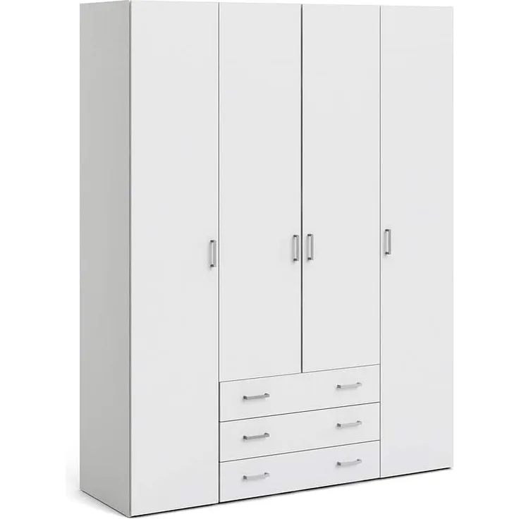 Kleiderschrank mit vier Türen und drei Schubladen, Farbe Weiß, Maße 154 x 200 x 49 cm