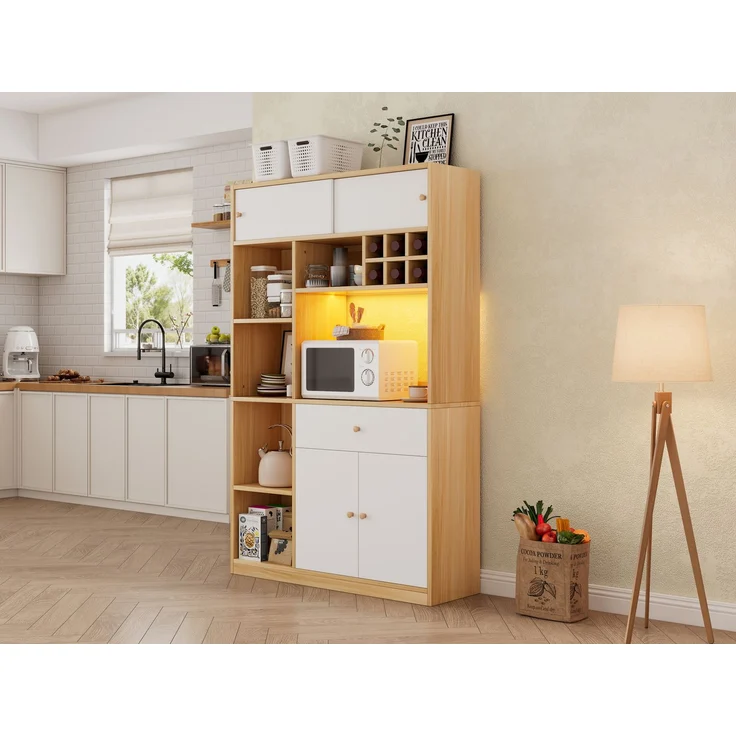 ZUBALIYA Buffetschrank 115x35x180 cm, mit LED-Beleuchtung, aus Spanplatte, Weiß / Natur – Bild 11